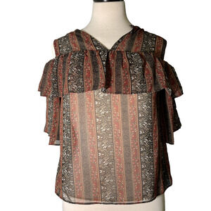BCBG Maxazria Open Shoulder Top Womens Size M Floral Striped Sheer Ruffle New